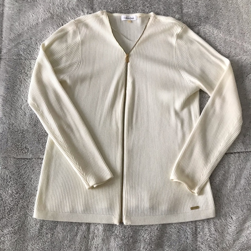 Calvin Klein Ribbed White w/ Gold Zipper Cardigan